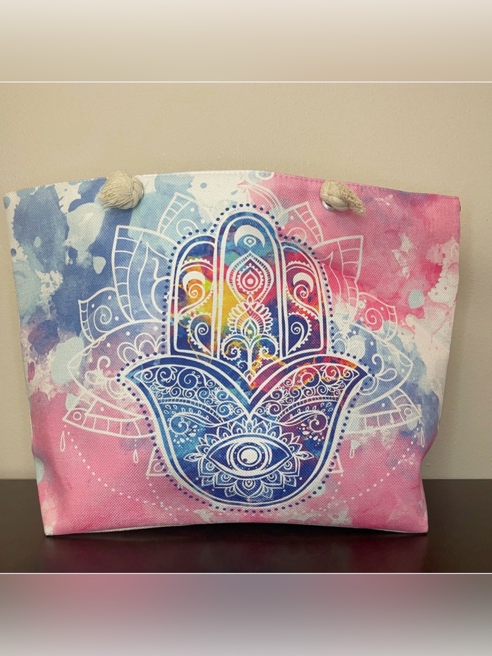 Pink blue hamsa hand print summer beach maxi tote bag with rope handles